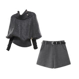 French Old Money Style High-Neck Knitted Cloak Sweater With Gray Shorts Autumn Two Sets