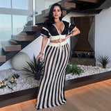 Shang Knitted Suit Woman Sexy V-Necked Leaf Sleeve Top + Striped Ass Skirt Two HZ0107