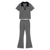 Fashion POLO Shirt With Striped Horn Pants Summer New Knitting Suit Woman HZ0107