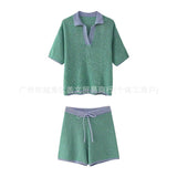 POLO Shirt Loose Blouse Draw Rope Shorts Knitted Women's Two-Piece Fashion Casual HZ0107