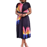 D298 Large-Size Women's Summer Fashion Temperament Print Short-Sleeved Top Dress Folded Skirt African Suit HZ0107