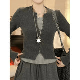 Korean Dark Gray Slim Fake Two Knitted Shirt Women Autumn New Niche Temperament Thin Sweater Top