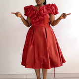 AM03011 Lantern Sleeves To Close The Waist 100 Pleated Skirt Comfort Commuter Leisure Dress HZ0107