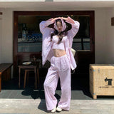 Lazy Wind Relaxation Long-Sleeved Sunscreen Shirt Sling High Waist Hanging Feeling Thin Leisure Pants Three-Piece Summer New Summer