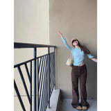 Merard Retro Dark Brown Loose Thin Straight Jeans Women's New Low-Rise Thin Broad Leg Horn Pants