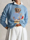 Autumn/Winter 2025 New Women's Dresses Cartoon Embroidered Bear Round-Neck Knitted Sweater