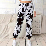 2025 Ms. Autumn And Winter Fashion Explosion Cow Print Pattern Lady Loose Fashion Trousers Plush