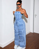 Women's Denim Cloth Jumpsuit Women's Fashion Babes Breasts Multi-Pocket Work Pants HZ0107