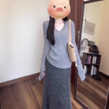 Early Autumn With A Set Of 2025 Korean Lazy Gray Sweater Knitted Half-Dressed Dress Two-Piece Skirt Woman