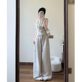 Hang Neck Collar Vest Temperament High-End Blouse Broad Leg Slack Feel To Wear Suit