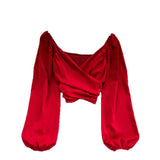 Spring Fashion V-Neck Folded Collared Collared Collared Long-Sleeved Sleeve Cover Female Chic Short-Term Navel Blouse