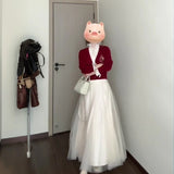 Real Atmosphere Feel Red Fake Two Embroidered Wooden Ear Sweater Women Autumn And Winter Oceanic Knitting Set