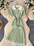 College Style POLO Collar Short-Sleeved Top + High-Waisted 100-Folded Skirt Knitted Two-Piece Suit Woman HZ0107