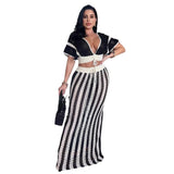 Shang Knitted Suit Woman Sexy V-Necked Leaf Sleeve Top + Striped Ass Skirt Two HZ0107