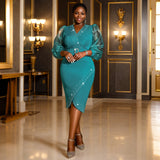 Women's Fashion V-Neck Bubble Sleeve Perspective Dress High Waist Nails Mid-Dresses HZ0107