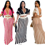 Shang Knitted Suit Woman Sexy V-Necked Leaf Sleeve Top + Striped Ass Skirt Two HZ0107