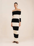 New Women's Fashion Elegant Shoulder-To-Shoulder Knitted Blouse Striped Shoulder-Long Dress
