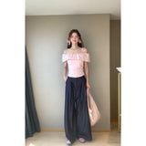 Travel And Wear The Atmosphere Of The Lotus Leaf Side Shoulder Repair Folding Top With Straight Leisure Long Pants Set