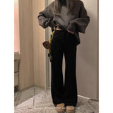 Black Tight Waist Broad Legs Loose Leisure Pants Women Autumn And Winter Plus Thick Hanging Slackening Trousers