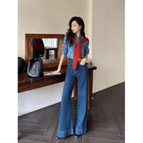Hong Kong Style Retro Dark Blue Loudspeaker Jeans Women 2025 Spring And Autumn High Waist Hanging Feeling Drag Broad Legs Long Pants
