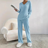 Two Sets Of Women 2025 Autumn New Fashion Casual Straight Pants Temperament Loose V Collar Pit Knitting Sleeve