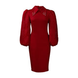 D307 Women's Spring And Autumn Long-Sleeved Large-Size Bag Hip Nail-Bead Mesh Splicing Commuter Pencil Skirt Dress HZ0107