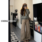 Korean Dark Gray Slim Fake Two Knitted Shirt Women Autumn New Niche Temperament Thin Sweater Top