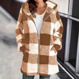 Plush Women's Coat New Wish Long-Sleeved Lattice Hooded Zip-On With Pocket Loose Coat