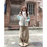 French Daily Commute Relaxation Green Knitted Jersey Folded Vest Coat Wide Leg Trousers Set