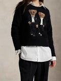 Round-Neck New Women's Bear Embroidered Retro Body Sweater College Style Knitted Shirt Top