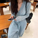 Milk Blue V-Neck Lace Lace Inside The Bottom Shirt Women 2025 Spring And Autumn New Sweater Knitted Open Shirt