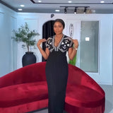 Women's Dress 2025 New Elegant V-Neck High-Waisted Knitted Dress Skirt Short Sleeves HZ0107