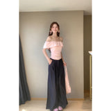Travel And Wear The Atmosphere Of The Lotus Leaf Side Shoulder Repair Folding Top With Straight Leisure Long Pants Set
