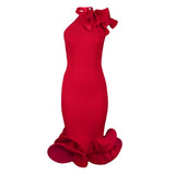 Elegant Half-High Collar Lotus Leaf-Side Dress Sided Shoulder Lotus Hem Banquet Evening Dress Dresses HZ0107