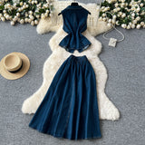 French Age-Down Suit Women's Summer Ripe Wind Folds Back-Clip-Free Denim Blouse + High Waist Half