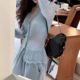 Milk Blue V-Neck Lace Lace Inside The Bottom Shirt Women 2025 Spring And Autumn New Sweater Knitted Open Shirt