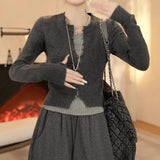 Korean Dark Gray Slim Fake Two Knitted Shirt Women Autumn New Niche Temperament Thin Sweater Top