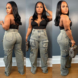 Women's Multi-Pocket Jeans Women's Fashion Personality Removable Button Straight Pants HZ0107