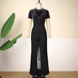 AM221118 Round-Neck Short-Sleeved Nail Beads Jumpsuit Casual Wind High Waist Thin Party Dress Jumpsuit HZ0107