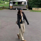 French Gentle Wind Black Zipper Sweater Autumn And Winter New Small Broad Leg Pants Two Sets