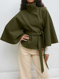 Women's Autumn And Winter New Fashion Pure Color Cape Collar Collar Belt Wind Coat HZ0107