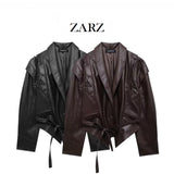 ZARZ Homemade New Women's Fashionable Classic Neck With Belt Leather Coat HZ0107