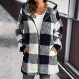 Plush Women's Coat New Wish Long-Sleeved Lattice Hooded Zip-On With Pocket Loose Coat