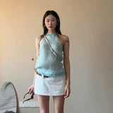 INS CEC Korean Small Fresh Mint Green Bead Hanging Neck Sling Waistcoat Coat Two-Piece Skirt