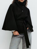 Women's Autumn And Winter New Fashion Pure Color Cape Collar Collar Belt Wind Coat HZ0107