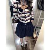 Colling Color Design Sense Retro Striped Knitted Cardigan Women's Spring And Summer College Style Sweater Tibetan Blue Short Skirt Two-Piece Set