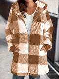 Plush Women's Coat New Wish Long-Sleeved Lattice Hooded Zip-On With Pocket Loose Coat