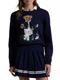 Round-Neck New Women's Bear Embroidered Retro Body Sweater College Style Knitted Shirt Top