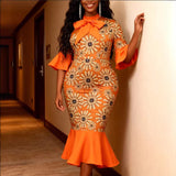 AM040619 Round Collar Horn Sleeve Temperament Dress Party Wind Lotus Leaf Side Squint High Waist Dress Dress HZ0107