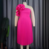 AM030536 Fashion Three-Dimensional Flower Dress Sexy Shoulder Slanted Hundredfolded Dresses HZ0107